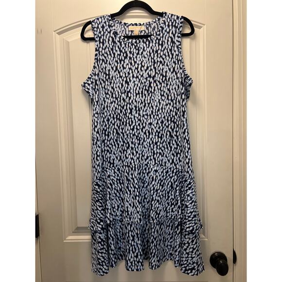 NWT Michael Michael Kors Women’s Ikat-Print Double-Flounce Dress Size 1X Blue - Picture 2 of 8